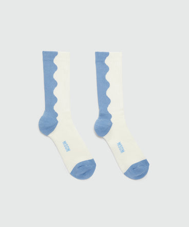 White and light blue socks with wave pattern