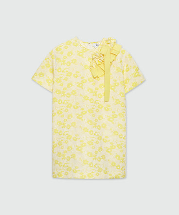 Short dress in yellow floral jacquard