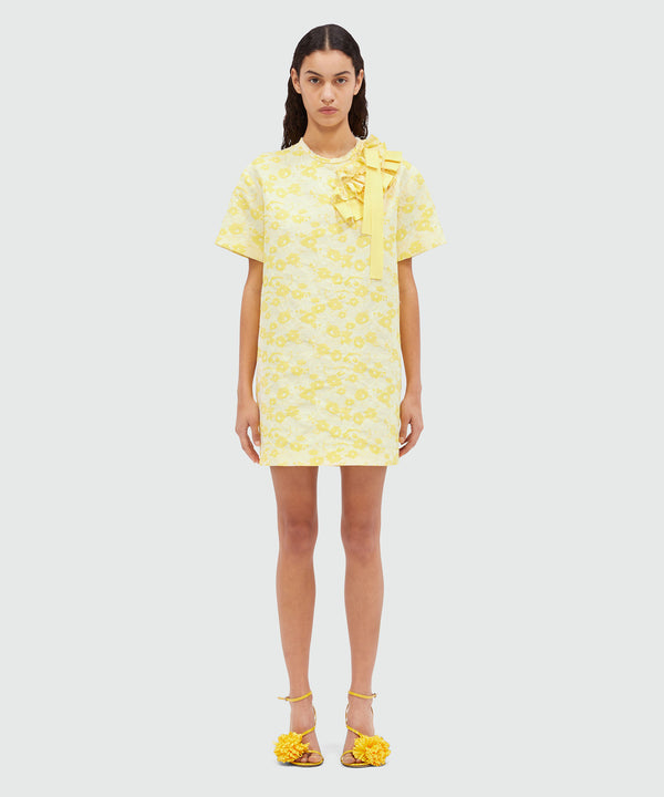 Short dress in yellow floral jacquard