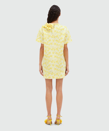 Short dress in yellow floral jacquard