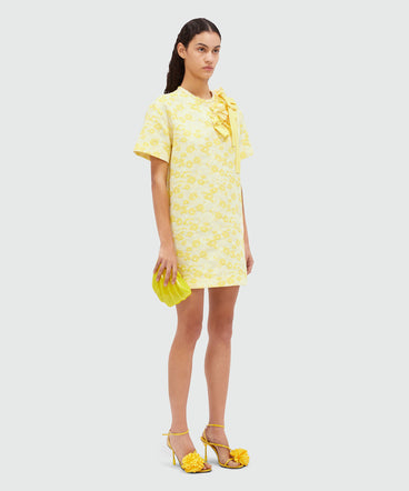 Short dress in yellow floral jacquard