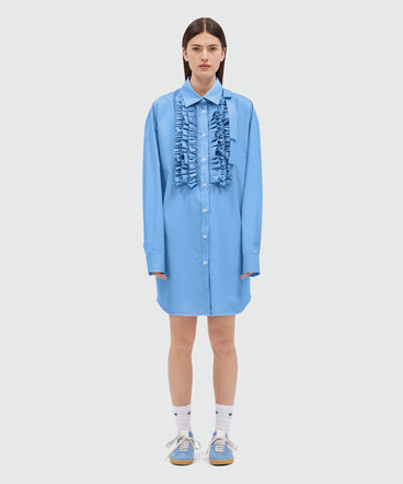 Light blue poplin shirt dress with ruffles