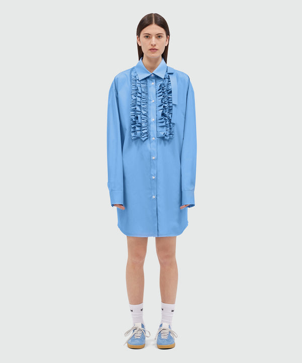 Light blue poplin shirt dress with ruffles