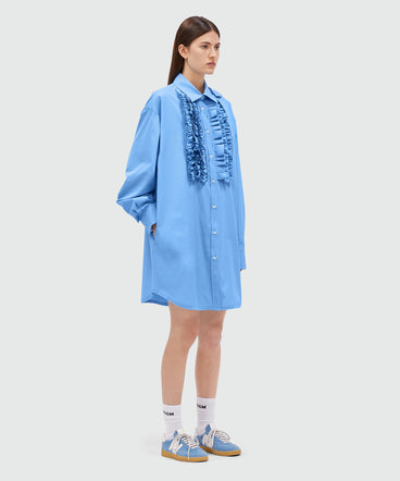 Light blue poplin shirt dress with ruffles