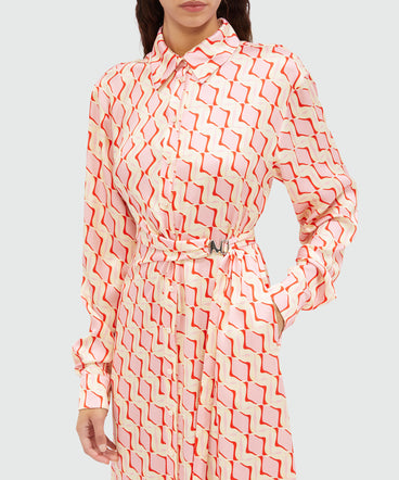 "Optical tiles" print satin shirt dress