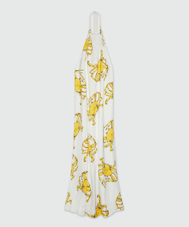 White satin maxi dress with "King crab" print