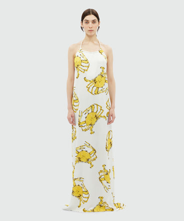 White satin maxi dress with "King crab" print