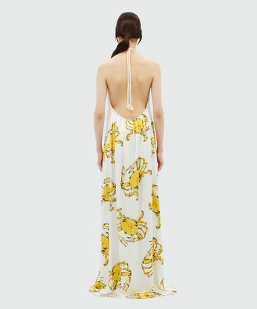 White satin maxi dress with "King crab" print