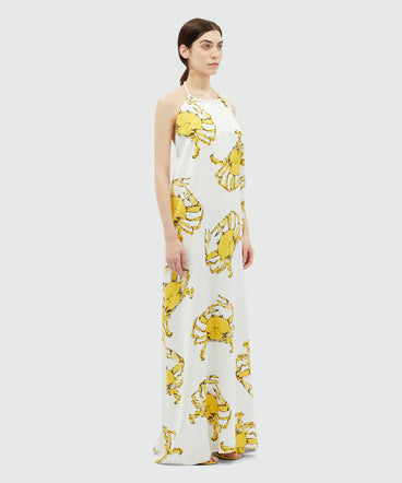 White satin maxi dress with "King crab" print