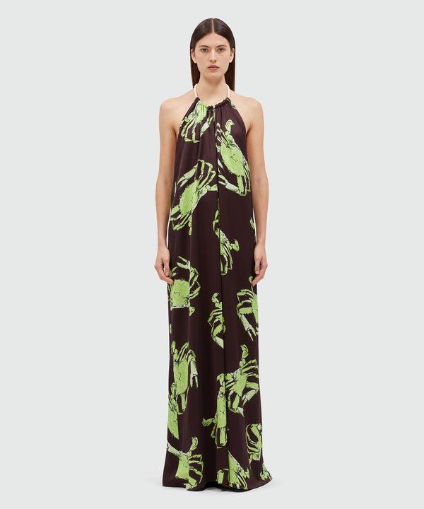 Long black satin dress with "King crab" print