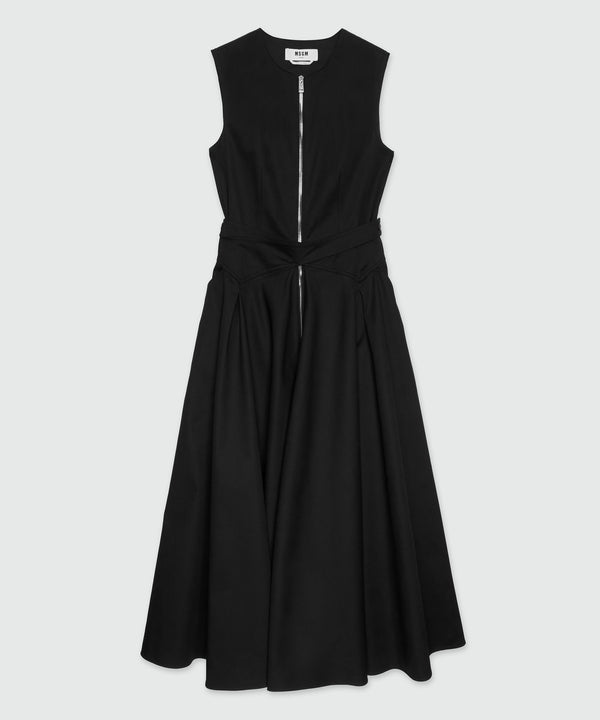 Sleeveless midi dress in black gabardine