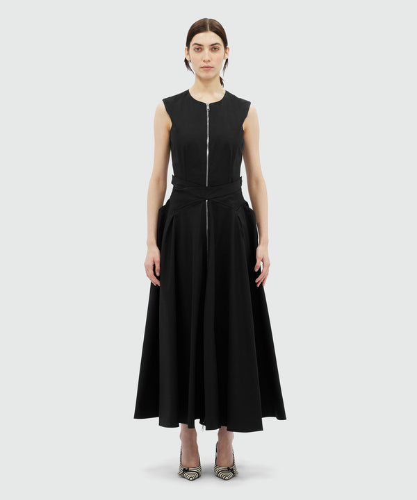 Sleeveless midi dress in black gabardine