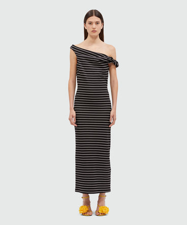 Midi dress in black jersey with white stripes