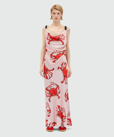 Long pink satin dress with "King crab" print