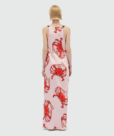 Long pink satin dress with "King crab" print