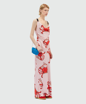 Long pink satin dress with "King crab" print