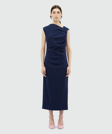 Draped midi dress in blue canvas