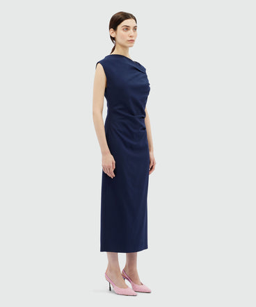 Draped midi dress in blue canvas