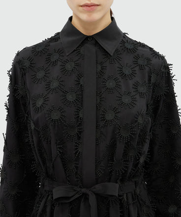 Short shirt dress in black poplin with embroidery