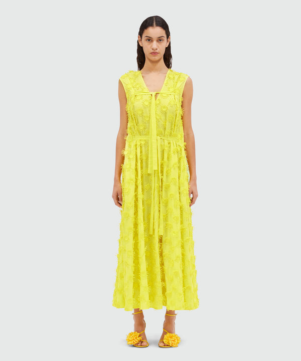 Midi dress in yellow poplin with embroidery