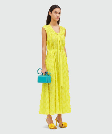 Midi dress in yellow poplin with embroidery