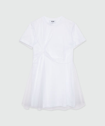 White jersey t-shirt dress with tulle layer