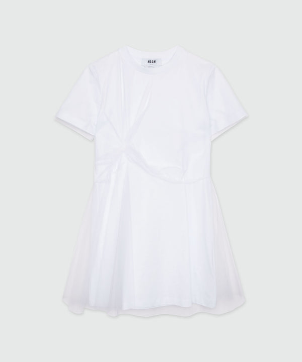 White jersey t-shirt dress with tulle layer