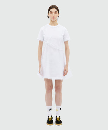 White jersey t-shirt dress with tulle layer