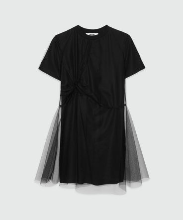 Abito t-shirt in jersey nero con strato in tulle