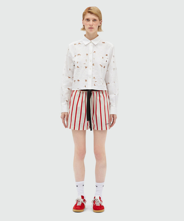 Striped poplin shorts with ribbon at the waist