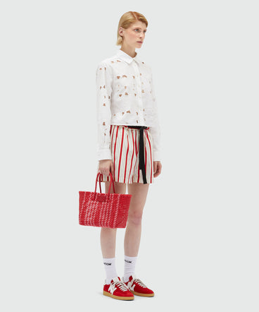 Striped poplin shorts with ribbon at the waist