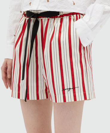 Striped poplin shorts with ribbon at the waist