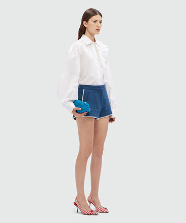 Blue boucle tweed denim shorts