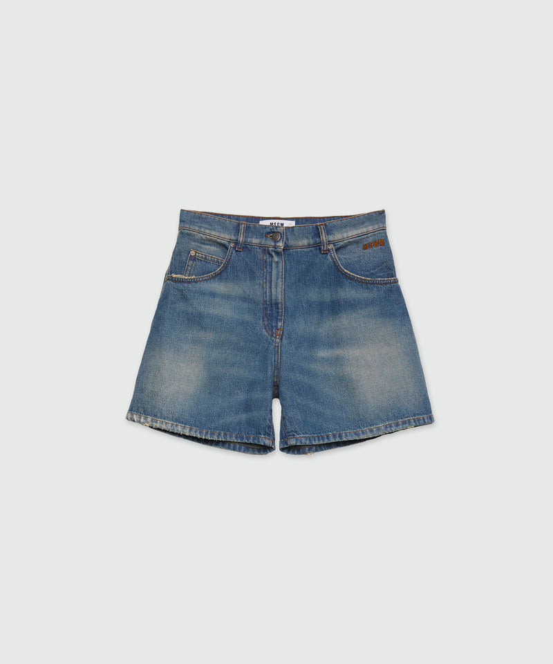 Shorts in washed indigo denim and MSGM logo NAVY Women 