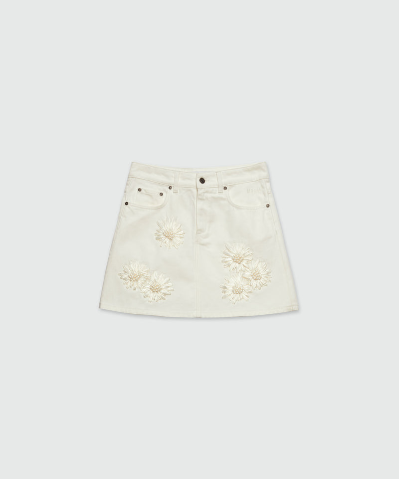 Short skirt in white denim with raffia flowers OFF WHITE Women 