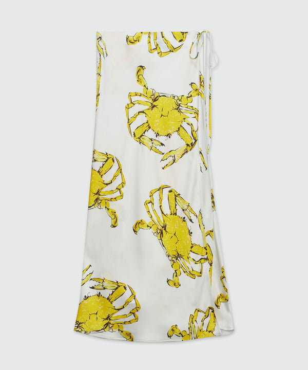 Fluid midi skirt in white satin with "King grab" print