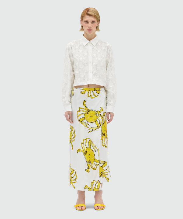 Fluid midi skirt in white satin with "King grab" print