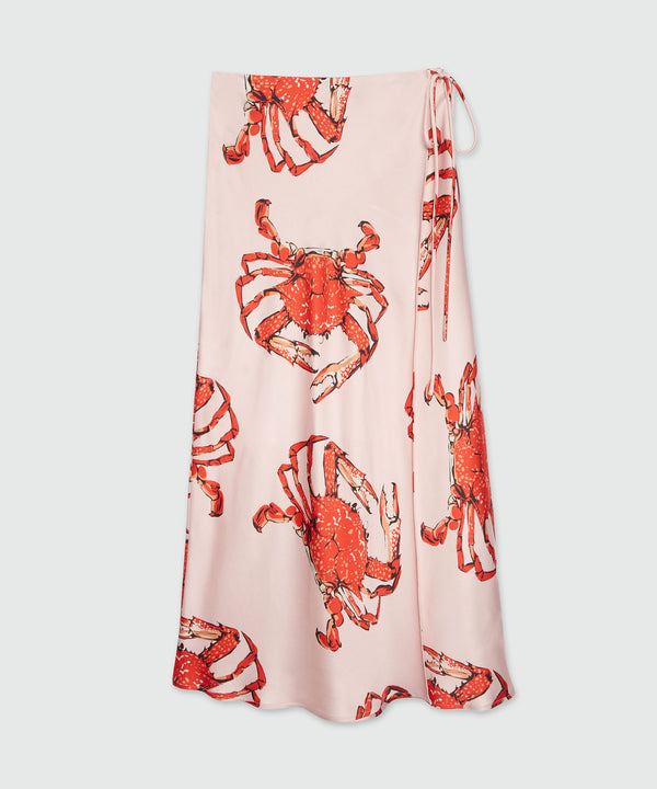 Fluid midi skirt in pink satin with "King grab" print