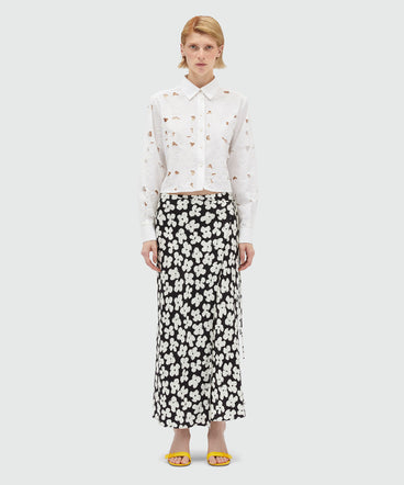 Fluid midi skirt in "Puffy flowers" print satin