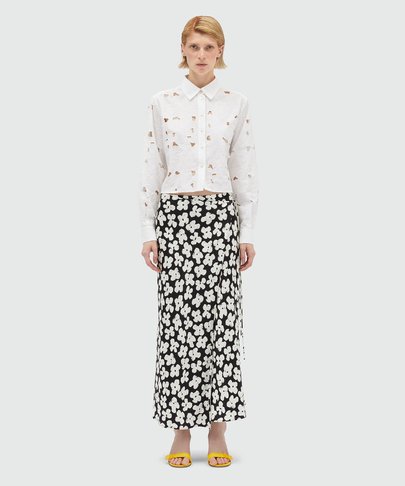 Fluid midi skirt in "Puffy flowers" print satin Black Women 