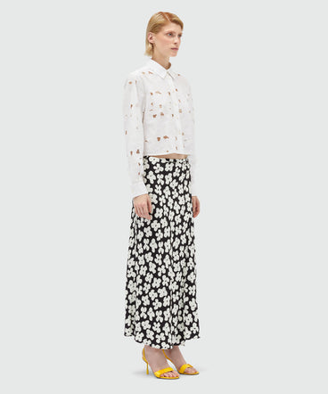 Fluid midi skirt in "Puffy flowers" print satin