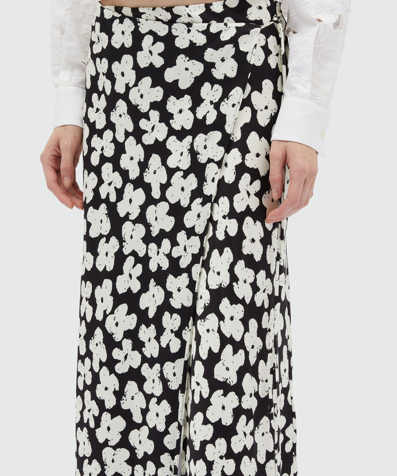 Fluid midi skirt in "Puffy flowers" print satin Black Women 