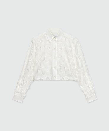 Cropped shirt in white poplin with embroidery