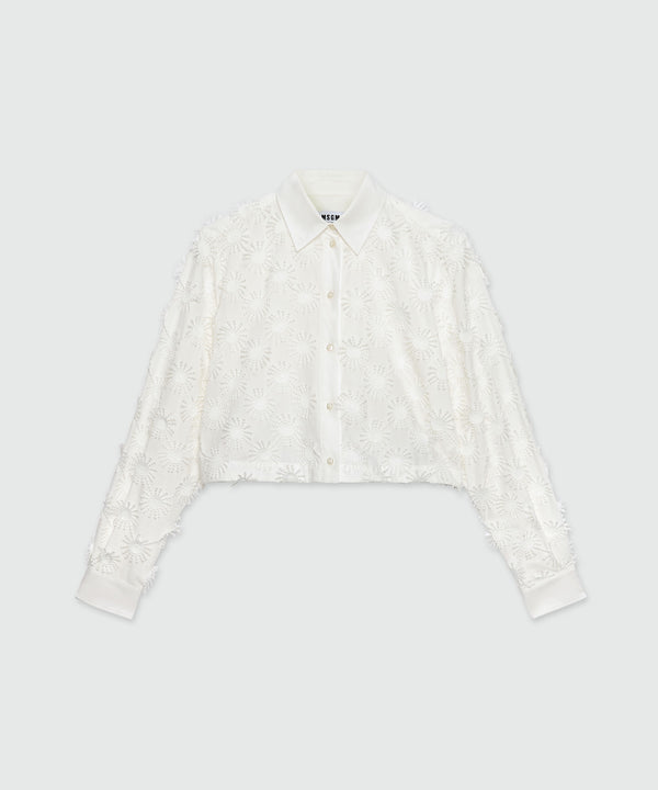 Cropped shirt in white poplin with embroidery