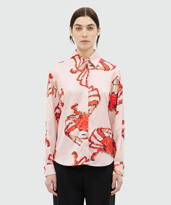 Pink satin shirt with "King crab" print