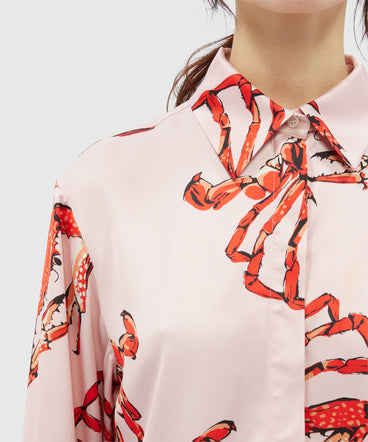 Pink satin shirt with "King crab" print