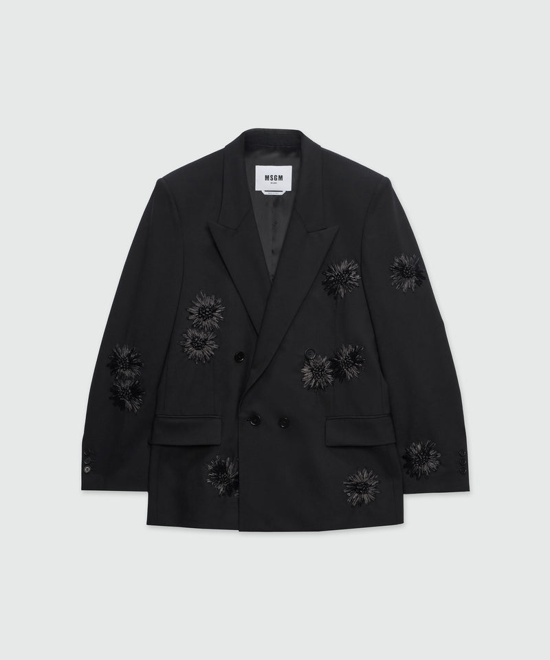 Double-breasted blazer in fresco wool with raffia flowers Black Women 