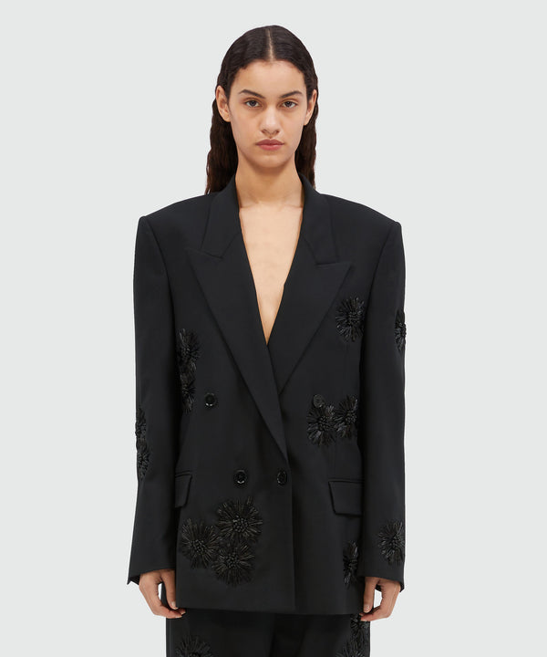 Double-breasted blazer in fresco wool with raffia flowers