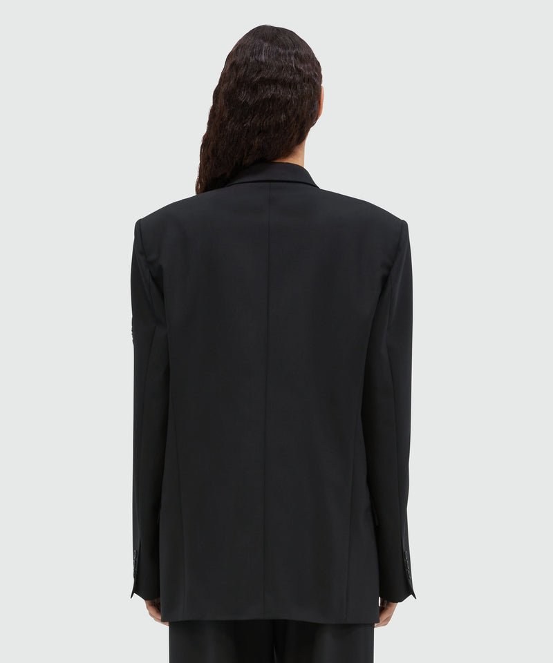 Double-breasted blazer in fresco wool with raffia flowers Black Women 