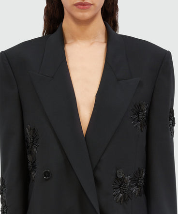 Double-breasted blazer in fresco wool with raffia flowers